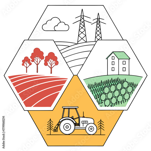 Hexagonal diagram illustrating agriculture rural life and energy infrastructure with icons