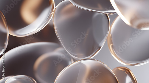 Abstract translucent glass shapes with soft metallic highlights