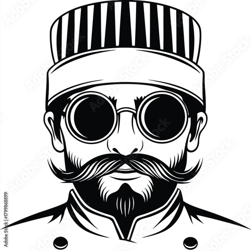 Retro doorman with bold mustache and hat conveys vintage hotel style in monochrome