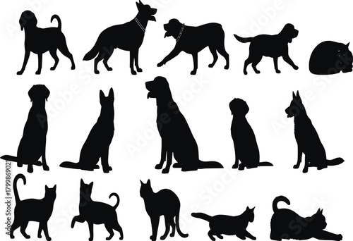 Dog and cat silhouettes collection with sitting, standing, walking, stretching, lying poses, domestic pets vector illustration, feline canine artwork design