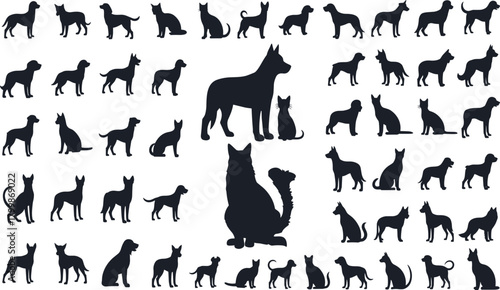 Dog and cat silhouettes collection with sitting, standing, walking poses, pet animal vector illustration, domestic pets, feline canine icons artwork