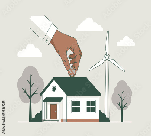 Illustration of a hand is putting a coin into the roof of a house with a wind turbine in the background, representing green energy investment and sustainable living