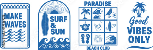 Retro surf beach vibes graphic design set with palm trees and ocean waves