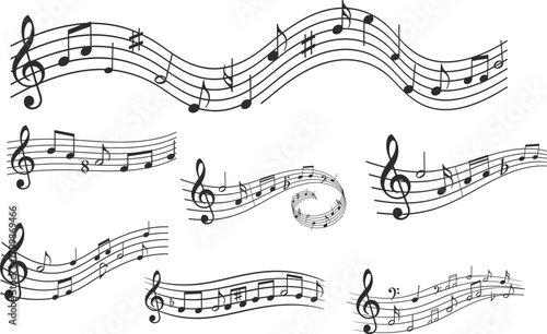 Abstract musical notes and staves flowing in wavy patterns with a hand drawn artistic style