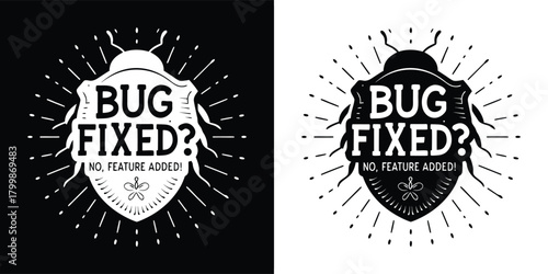 Bug fixed emblem with radiating lines and a shield, representing problem solving and success in technology