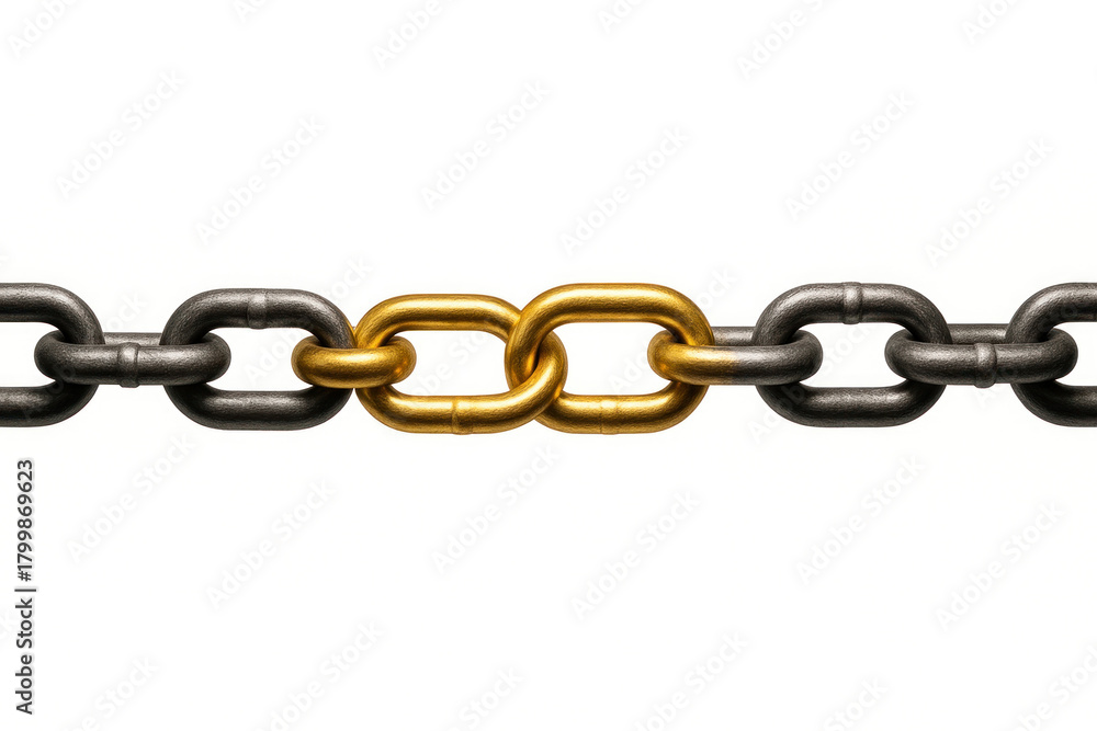 Fototapeta premium Metal chain with one sturdy gold center link. Space for text.