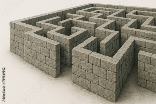 A stone labyrinth with high walls on light ground.