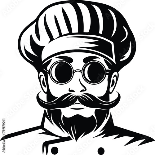 Stylish chef with impressive mustache, wearing glasses and traditional toque appears in monochrome