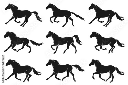 Horse running silhouette pack isolated on white background