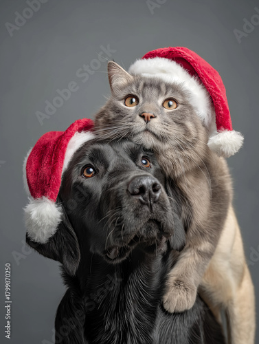 a photorealistic labrador and maine coon cat in Santa hats, dog with paw gently on cat's back, best friends pose, isolated light gray background, shot from slightly above, emotional storytelling