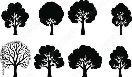 Tree silhouette collection, diverse forest shapes, botanical illustration set, natural landscape design elements, ecology concept, vector art, environmental graphics, woodland icons