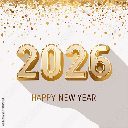 Elegant Happy New Year 2026 celebration background featuring shiny gold typography and sparkling confetti