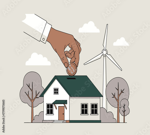 Illustration of a hand is putting a coin into the roof of a house with a wind turbine in the background, representing green energy investment and sustainable living