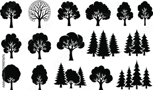 Tree silhouette collection, diverse forest shapes, botanical illustration set, natural landscape design elements, ecology concept, vector art, environmental graphics, woodland icons