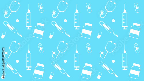 Medical seamless pattern with healthcare elements on blue background including syringe, stethoscope, thermometer, pill, and medicine bottle. Perfect for hospital design, clinic, or pharmacy use