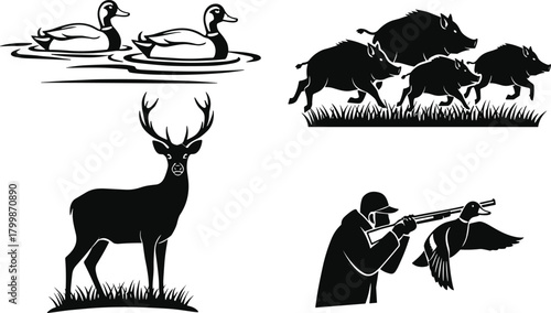 Wildlife hunting silhouettes of deer, ducks, wild boars, hunter aiming rifle, pine forest trees, grass landscape, outdoor nature vector illustration art
