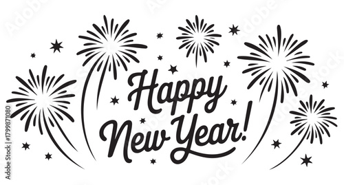 Happy New Year typography with fireworks vector illustration for holiday greeting cards and banners isola
