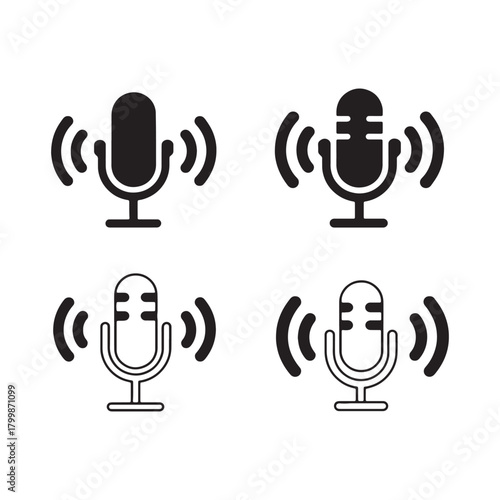 Microphone with Sound Waves Icon Set - Podcast, Voice Recording, Live Stream, and Audio Broadcast Symbol