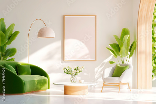 Living room with green velvet sofa round table grey armchair lamp