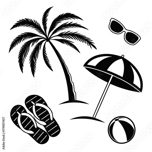 Tropical beach elements isolated on with palm tree