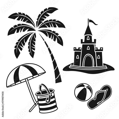 Beach vacation elements with sand castle isolated on