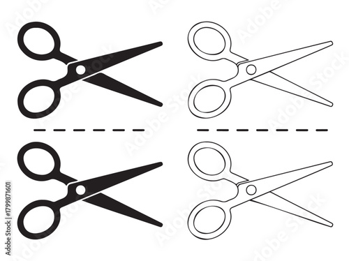 Scissors vector icon set black and white line art illustration for cutting and design projects