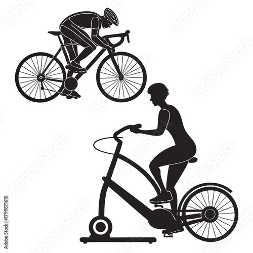 Cyclist on road bicycle and exercise bike isolated on