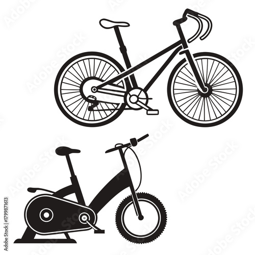Road bicycle and exercise bike isolated on in black color