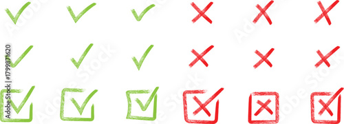 Rows of green checkmarks and red crosses indicating correct and incorrect choices on a white background