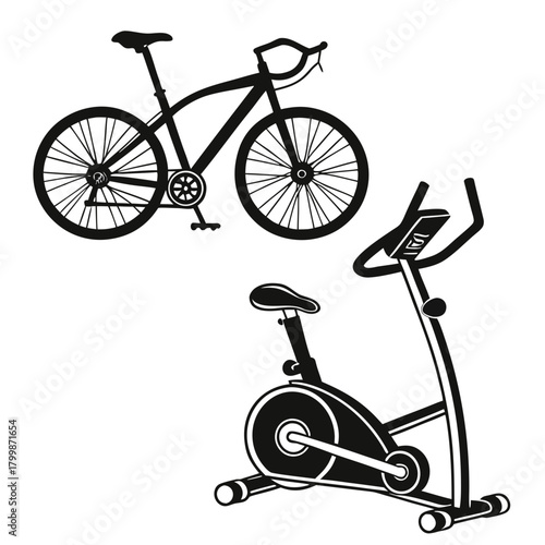Road bicycle and exercise bike isolated on in black color
