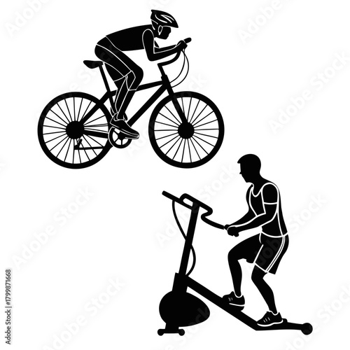 Man and woman on exercise bikes isolated on, silhouette style