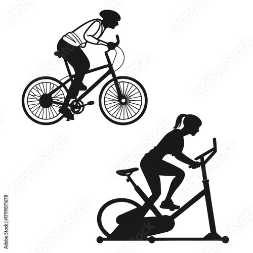 Woman and man on exercise bikes isolated on, silhouette style