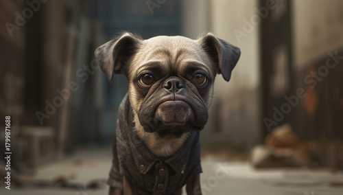 Fototapeta Naklejka Na Ścianę i Meble -  Adorable pug puppy stares with soulful eyes wearing a cute stylish buttoned shirt