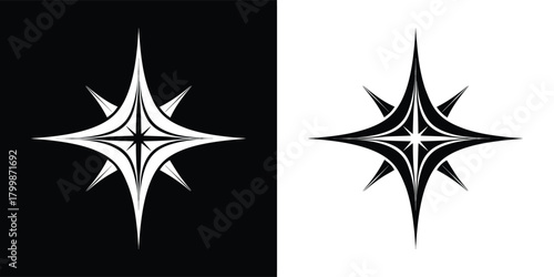 Stylized compass rose symbol with sharp points, presented in both black and white versions against contrasting backgrounds