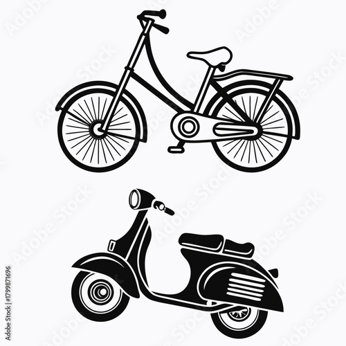 Vintage bicycle and scooter isolated on in black and white