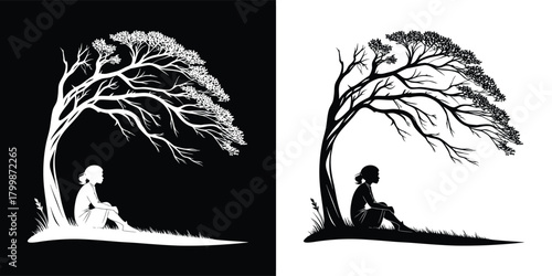 Silhouette of a person sitting under a large, windswept tree, with the image presented in both positive and negative versions