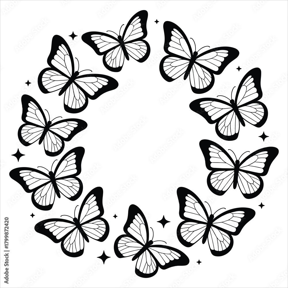 Fototapeta premium Stylized butterfly circle frame with sparkling stars vector design isolated on white background, Vector
