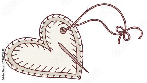 Hand Stitched Heart with Needle and Thread Vector,  An illustration of a hand-stitched heart with a needle and thread, symbolizing love and care in a crafting style