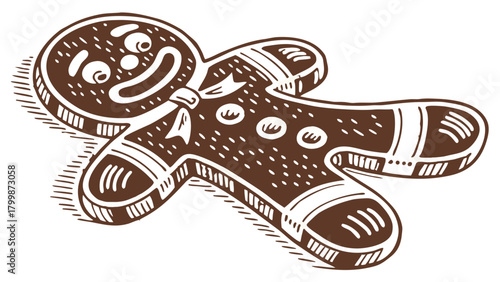 Engraving Style Gingerbread Man Cookie Vector, An engraving-style illustration of a happy gingerbread man cookie, detailed with frosting patterns