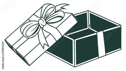 Empty Open Gift Box with Ribbon Vector, A line-art illustration of an empty, open gift box with a bow on the lid