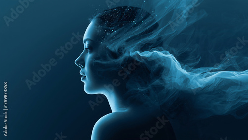 Elegant ethereal woman portrait with dreamy blue glow and flowing smoke effect