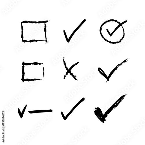 Hand drawn check mark and cross symbols isolated on