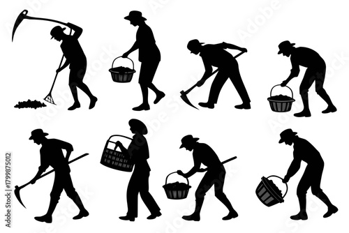 Farmer harvesting crop bundle silhouette isolated on white background