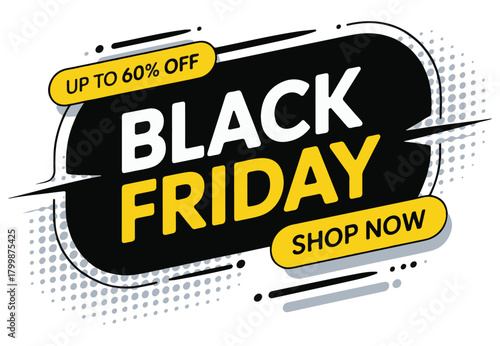 Black Friday sale banner with 'Up to 60% Off' and 'Shop Now' text, modern promotional graphic design.