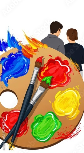 Vibrant artist's palette with brushes and people engaging in creative expression and artistic