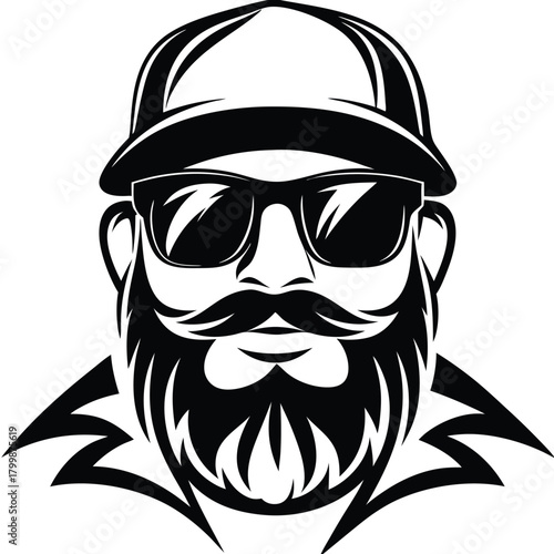 Monochrome man with beard and mustache wearing sunglasses and a cap looks confident