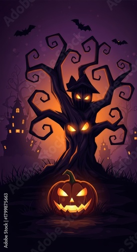 Eerie Halloween night scene with a glowing jack-o'-lantern spooky tree and flying bats under a
