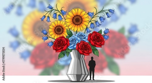 A colossal colorful bouquet of sunflowers, red roses, and blue bellflowers, emphasizing immense