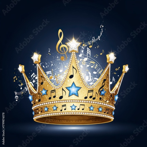 A shimmering golden crown embellished with musical notes and sparkling stars against a dark