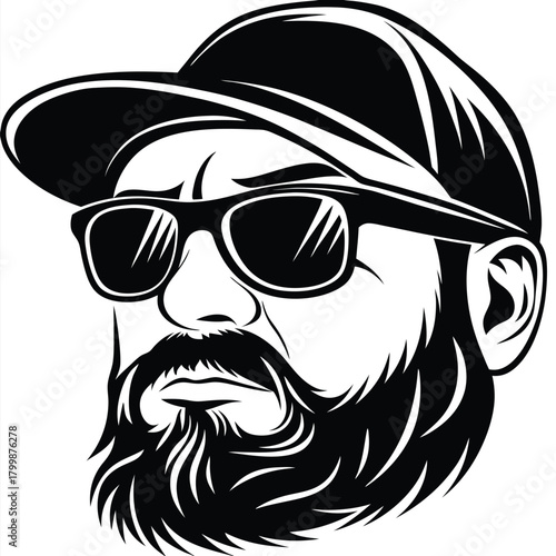 Monochromatic bearded man wearing sunglasses and a cap showcases stylish, bold character headshot